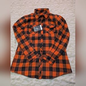 Woman's orange and black flannel button down